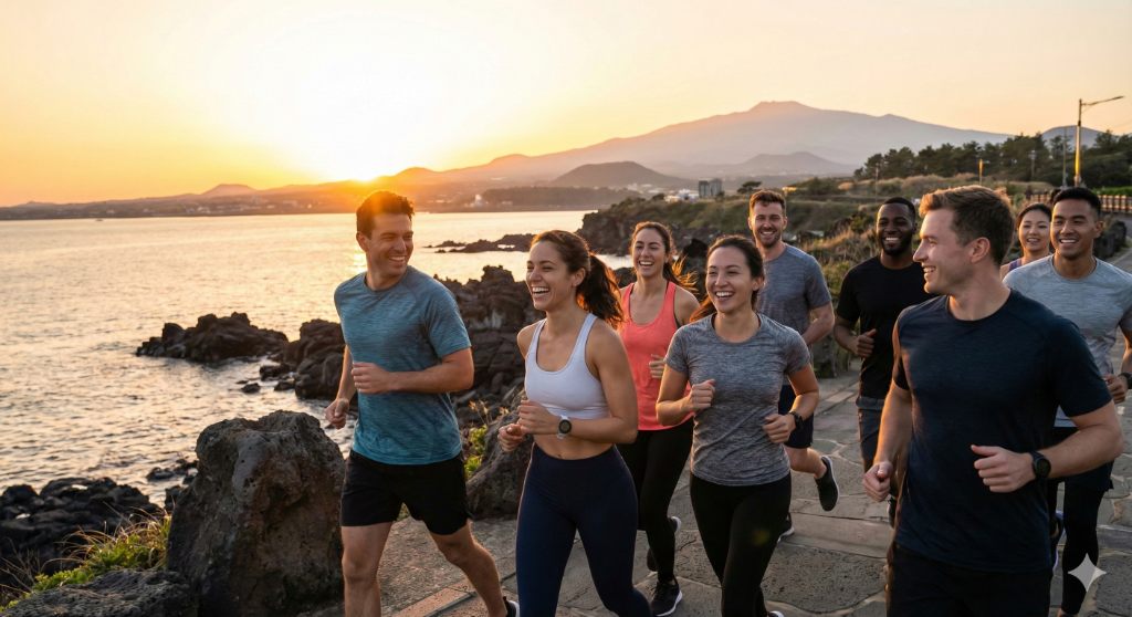 Running on Jeju beach at sunset